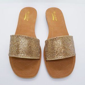 Rhinestone Flat Sandals in Gold